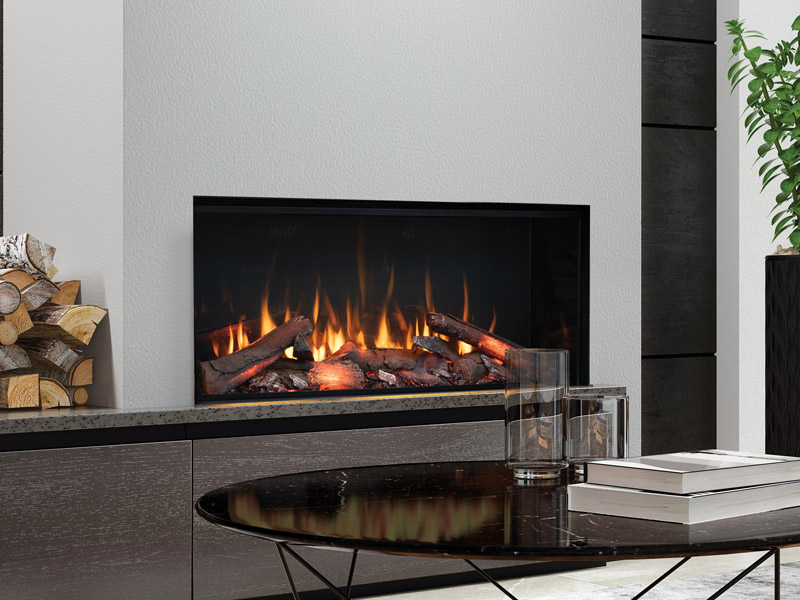 Modern minimalist apartment interior living room with fireplace