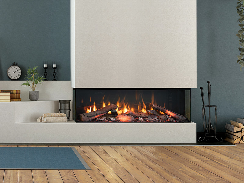 Blue modern living room with fireplace