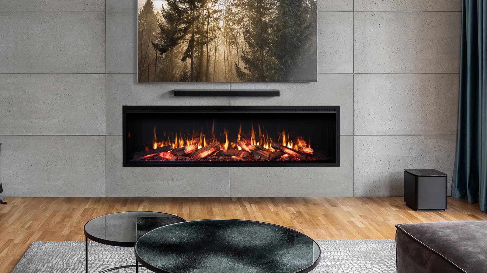 Tv room with cement wall