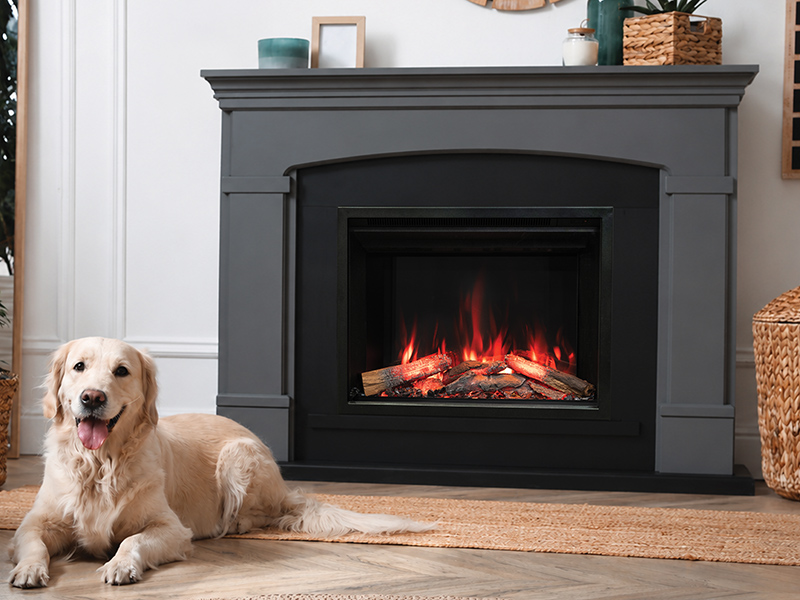 Adorable Golden Retriever dog on floor near electric fireplace i